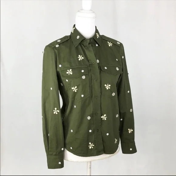 Joie bead embellished military olive green Hayfa shirt button down top XS - Picture 5 of 12